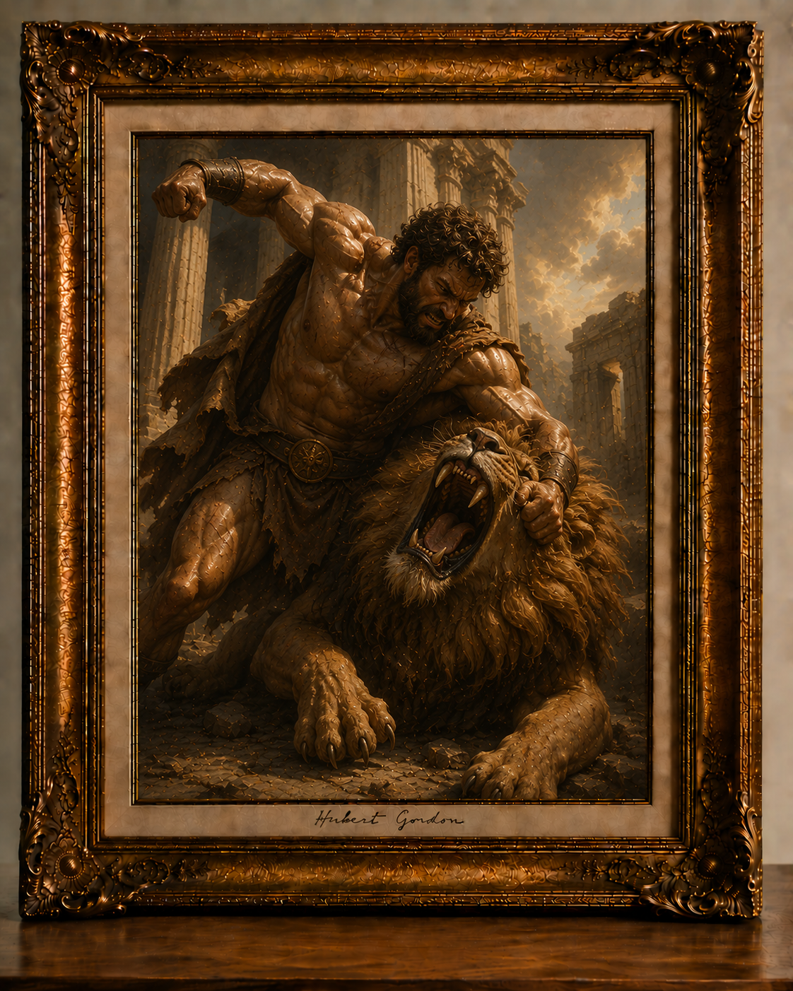 Gilded Frame of a Heroic Lion Struggle